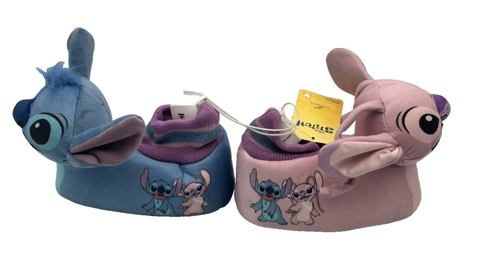 Disney 3D Plush Head Stitch & Angel Plush Bootie Cozy Slippers- Unisex Size 7/8
